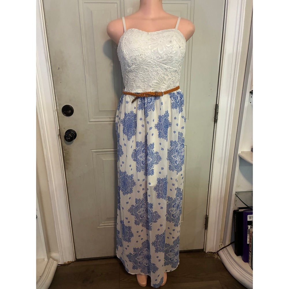 AUW Summer Maxi Dress Womens Large White Blue Excellent Lace Paisley Belted